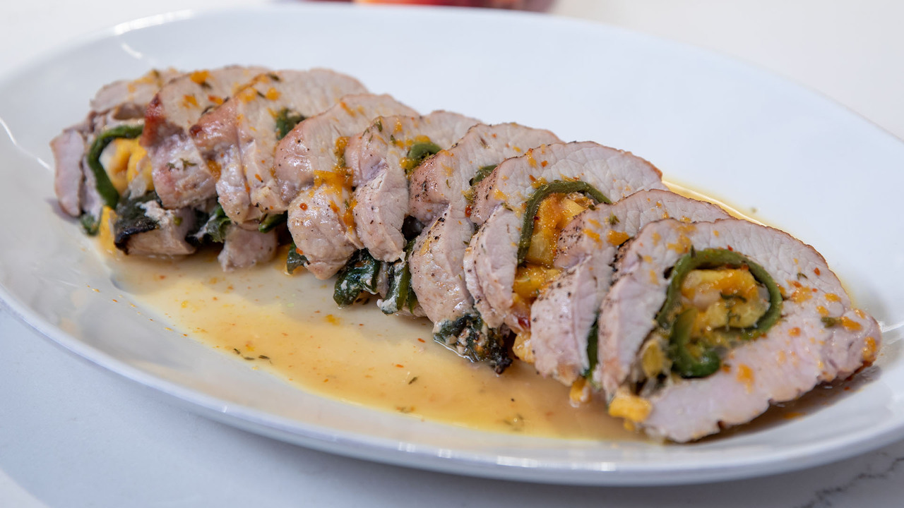 Peach and Poblano Pepper Stuffed Pork Loin
