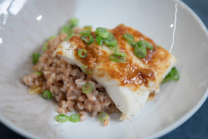 Miso Glazed Halibut with Mango Farro