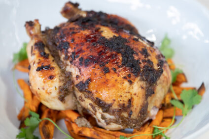 Whole Roasted Jerk Chicken with Sweet Potato Fries